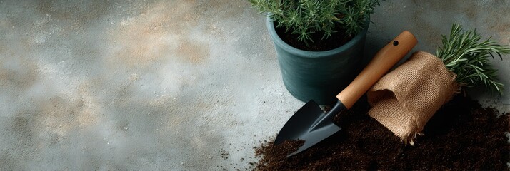 Potted plant sits on a grey surface with a trowel and a bag of soil next to it
