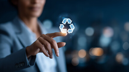 Faceless businesswoman hands touching recycling symbol virtual touch screen environmental concept recycle reduce reuse sustainability digital interface corporate responsibility