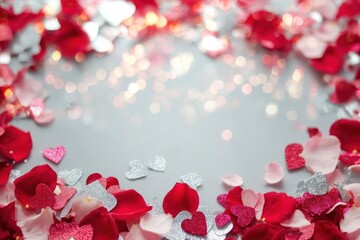 Obraz premium Red Rose Petals and Heart Shaped Confetti on White Background
