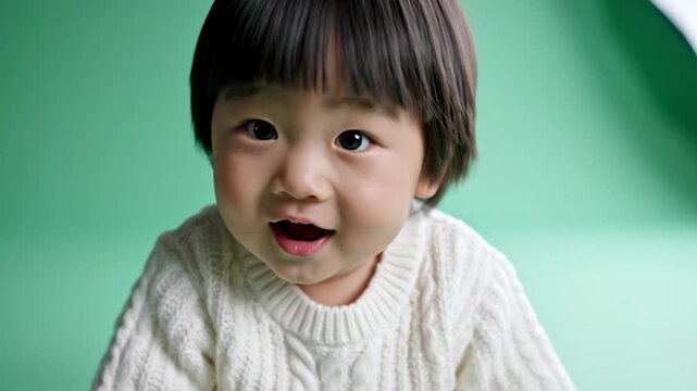 Cute toddler portrait in studio with green backdrop.