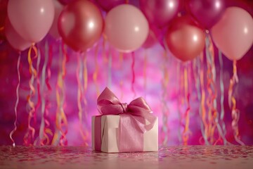 Pink Gift Box with Bow under Balloons on Purple Background