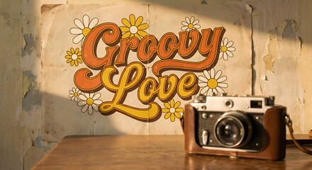 Groovy love retro typography poster on peeling wall, vintage film camera in leather case on wooden table, 70s hippie floral art illustration, nostalgic warm sunlight shadows, old school photographY.