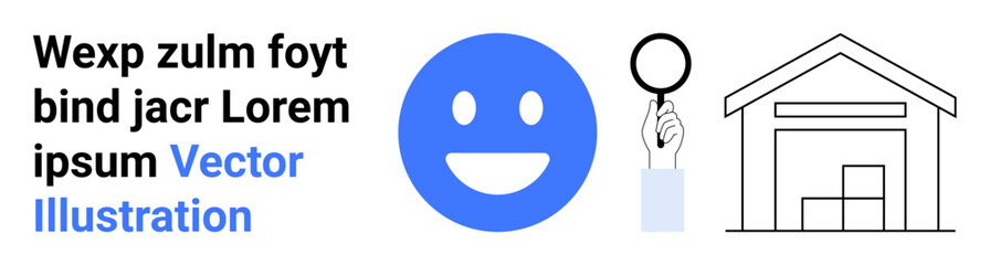 Fototapeta premium Business, logistics, search, warehousing, analytics, online systems. happy face, hand holding magnifying glass warehouse outline. Business and logistics concepts with clear visuals