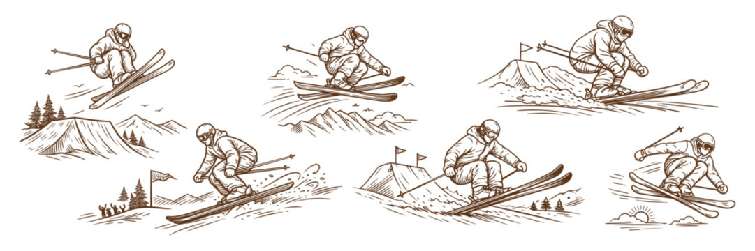 Extreme skiing tricks and downhill action with Caucasian athlete. Winter sports, travel and outdoor adventure concept. Hand drawn vector illustration.