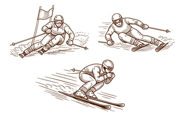Alpine skiing race and giant slalom with Caucasian athlete. Winter sports, speed and professional competition concept. Hand drawn vector illustration.