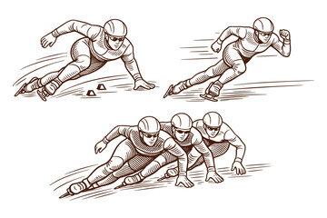 Fototapeta premium Short Track Speed Skating Race with Caucasian Athletes – Sports Training, Competition and Fitness Concept, Vintage Style Vector Illustration