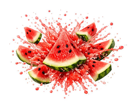 AI-Generated Splash Illustration of Fresh Watermelon Slices Exploding with Juicy Droplets on White Background, Vibrant Summer Fruit, Refreshing Food and Beverage Concept