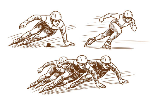 Speed skating competition with athletes racing on ice in dynamic poses. Skaters shown sprinting, turning, and competing closely. Hand drawn vector illustration.