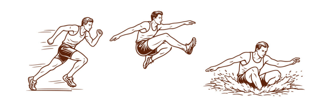 Long Jump Sequence with Caucasian Male Athlete &ndash; Track and Field Training and Fitness Concept, Vintage Style Vector Illustration