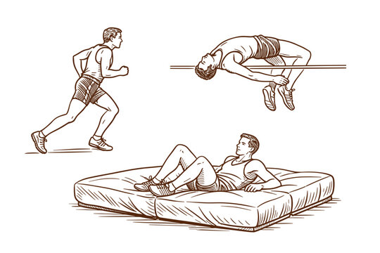 High Jump Sequence with Caucasian Male Athlete &ndash; Track and Field Technique and Sports Training Concept, Vintage Style Vector Illustration