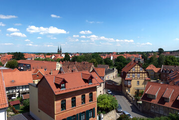 Historic Old Town Aerial Red Roofs Blue Sky Background