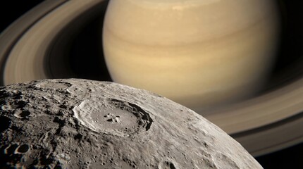 Detailed close-up of a rocky lunar surface showcasing craters and textures, with the majestic rings of Saturn visible in the background, creating a stunning celestial scene