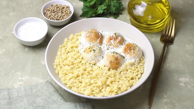 Pasta ptitim with chicken meatballs in a creamy sauce. Italian cuisine.