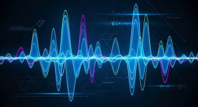 Vibrant sound wave pattern with neon colors on dark background - Powered by Adobe