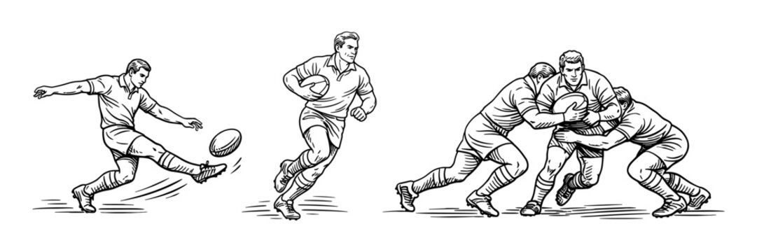 Rugby Players in Action &ndash; Kicking, Running with Ball, and Tackling, Vintage Style Vector Illustration