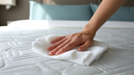 Close-up of a hand wiping down a clean, white mattress, demonstrating hygiene practices