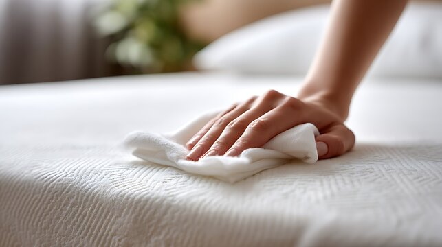 Close-up of a hand wiping a white bedsheet with a soft cloth. Focus on cleanliness