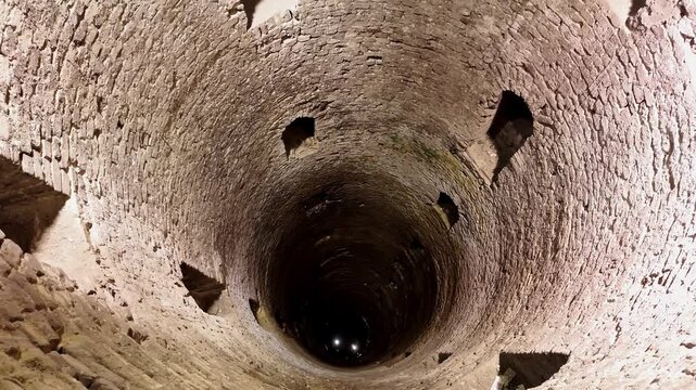 View looking down into an ancient Roman stone well inside underground catacombs. Circular brick walls, deep vertical tunnel, historic architecture and mysterious atmosphere. 4k horizontal footage