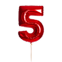 Vibrant Red Number 5 Shaped Helium Balloon for Birthdays, Valentine's Day, and Anniversaries &ndash; Isolated on Transparent Background; PNG