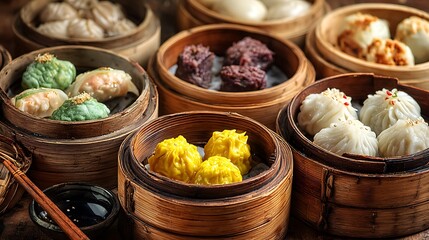 Assortment of steamed dumplings in bamboo baskets, ready for a delicious feast