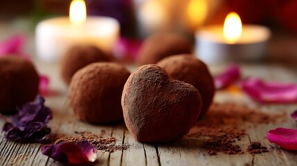 Close-up of heart-shaped truffle dusted with cocoa powder, surrounded by candles & petals
