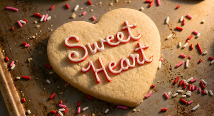 Heart shaped sugar cookie sweet heart text, valentine day love romance concept, red pink sprinkles baking sheet, baked pastry dessert, for celebration, gift, holiday, food, greeting card.