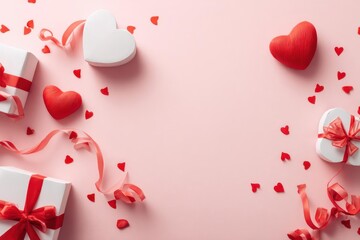 Valentines Day Gifts and Hearts on Pink Background