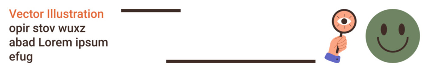 Fototapeta premium Analytical thinking, identity verification, observation, emotion, personality, abstract ideas. Hand holding magnifying glass inspecting an eye near a green happy face. Analytical thinking