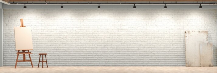 industrial loft design, a detailed interior mockup of a stylish loft workspace with a designer stool, easel, and a large, bright, white brick wall