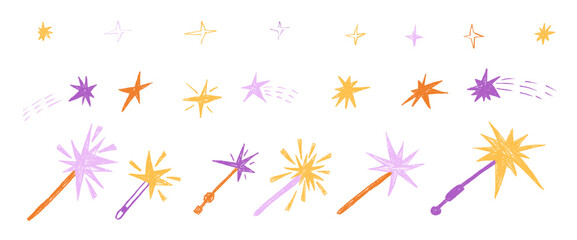 Hand-drawn magic wands and stars in crayon doodle. Whimsical fairy tale elements with sparkles, perfect for princess birthday designs and magical fantasy illustrations. Vector twinkle blinks isolated. © Syuzann q