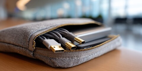travel tech accessories, a tech-organizer pouch sits open with neatly braided cables and a laptop stand, the background a blurred airport lounge