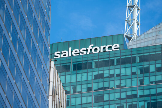 New York, USA - November 23, 2025: High above a glass building near Bryant Park, the &ldquo;salesforce&rdquo; rooftop sign towers over New York City, symbolizing tech innovation within the iconic urban skyline.
