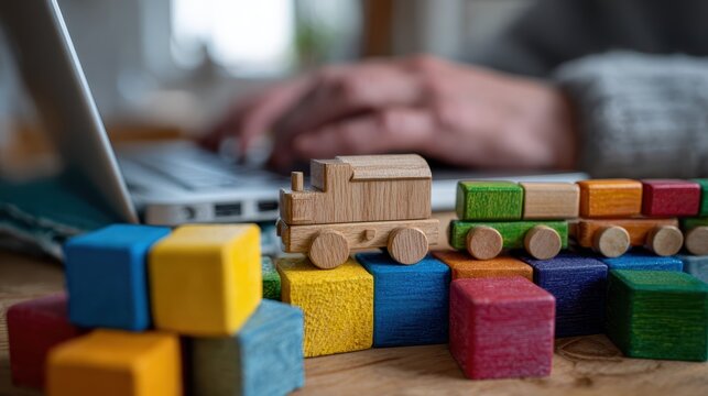 work-life balance, a parent tries to work on a laptop, surrounded by toys, creating a metaphor for the challenge of finding focus at home