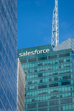 New York, USA - November 23, 2025: High above a glass building near Bryant Park, the &ldquo;salesforce&rdquo; rooftop sign towers over New York City, symbolizing tech innovation within the iconic urban skyline.