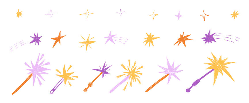 Hand-drawn magic wands and stars in crayon doodle. Whimsical fairy tale elements with sparkles, perfect for princess birthday designs and magical fantasy illustrations. Vector twinkle blinks isolated.
