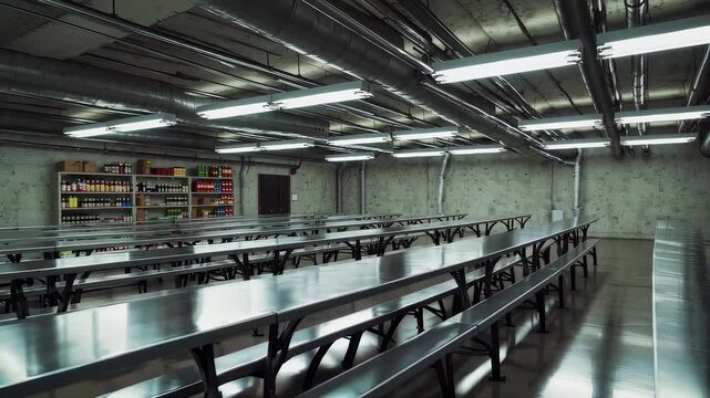This video provides a detailed tour of a minimalist dining space, showcasing long metal tables and a well-organized pantry. The industrial design emphasizes functionality and efficiency in communal ea