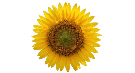 A single, vibrant sunflower with bright yellow petals and a dark brown center, of transparent