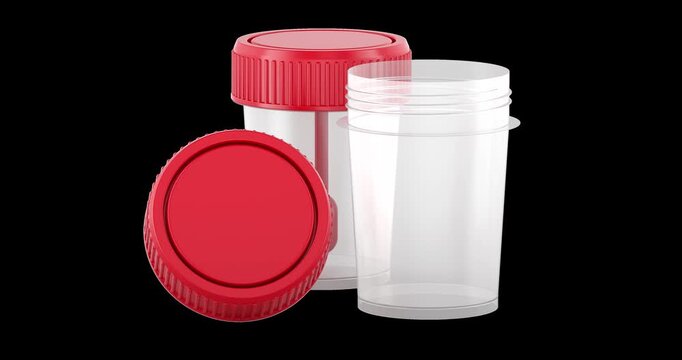 Stool specimen container with spoon rotation animation seamlessly loopable. 3D rendering isolated on transparent background
