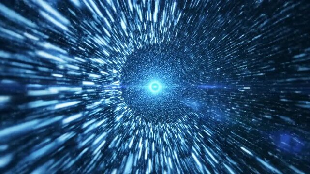 Futuristic blue warp tunnel light speed visualization.