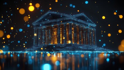 Futuristic visualization of a neoclassical architectural structure illuminated with digital bokeh