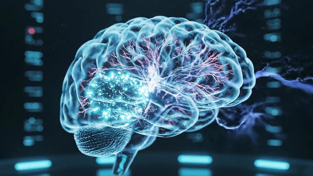 Futuristic Brain Hologram Animation With Neural Network Lights.