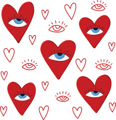 Cute cartoon hearts with eyes cliparts, groovy valentine greeting card