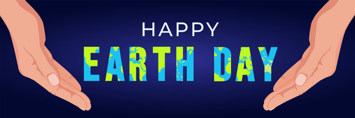 Earth Day vector illustration with world map shaped typography on blue background. Eco concept for environment awareness, sustainability, nature protection, posters and banners.