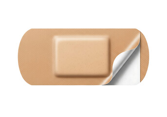 A close-up view of a beige band-aid with a partially peeled backing.