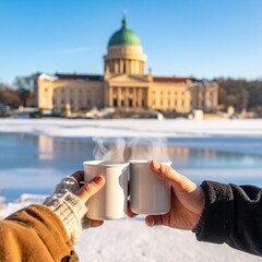young couple in winter with cups of coffee