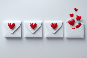 Red Hearts Emerging from Envelopes on White Background