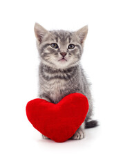 Small grey kitten holding a red heart.