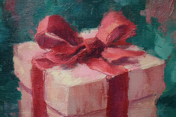Pink Gift Box with Red Bow on Green Background