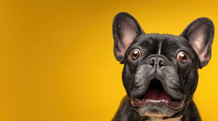 Adorable black French Bulldog with wide eyes and open mouth looking surprised, captured in a close-up studio portrait against a vibrant yellow background.