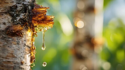 Closeup of golden birch sap dripping from a cut in the tree bark, captured in natural sunlight with a blurred forest background, showcasing a fresh and organic springtime scene.